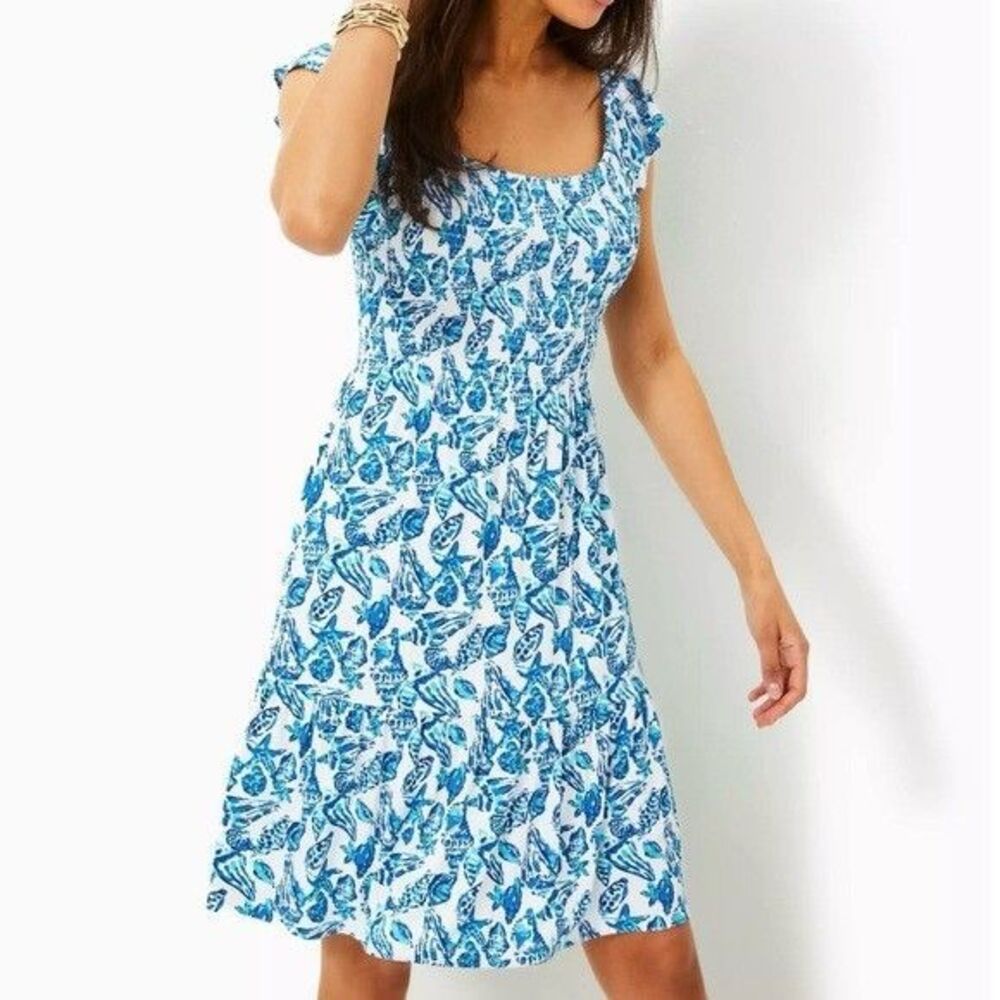 Lilly Pulitzer Jilly Smocked Dress Resort White Blue Shell Print NEW $148 Small